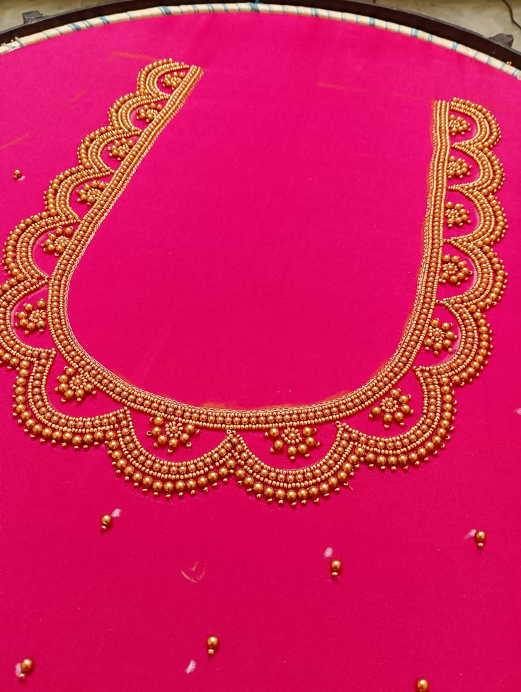 Aari work blouse neckline with gold bead and zardozi embroidery — Shree Ambika, Virar West